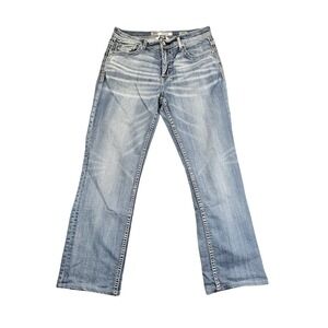 BKE Tyler Jeans Mens 32L 32x30.5 Blue Wash Whiskered Stretch Denim Straight Leg